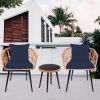 3-Piece Patio Wicker Round 16 in. H Cafe Table Outdoor Bistro Conversation Set Rattan Chair with Dark Blue Cushions