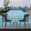 3-Piece Patio Wicker Round 16 in. H Cafe Table Outdoor Bistro Conversation Set Rattan Chair with Dark Blue Cushions